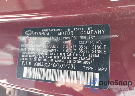 2019 Hyundai Tucson Value из США, поврежденный, VIN KM8J3CA46KU014331